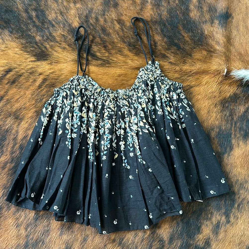 Free People Black Floral Smocked Tank Top
